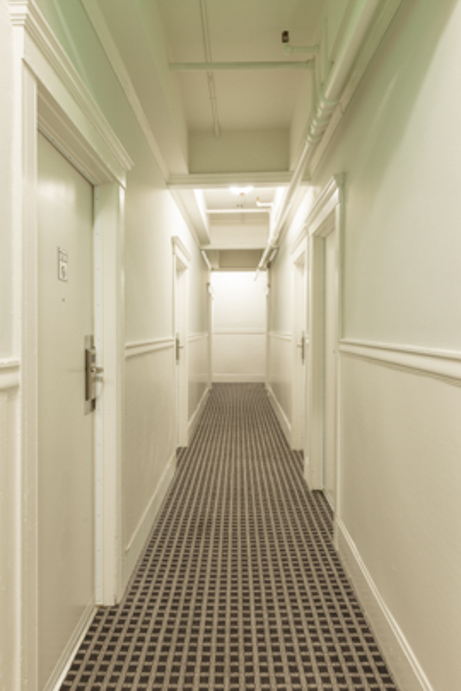 A long hallway with white walls and brown carpet.